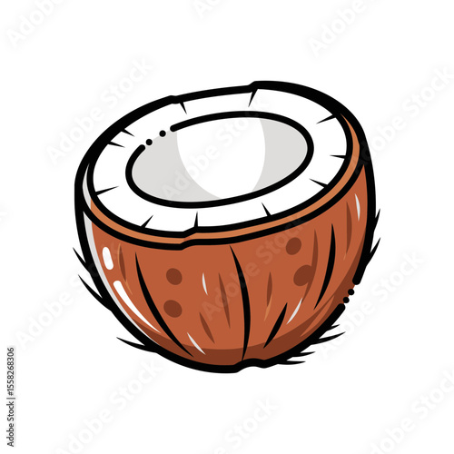 Isolated vector illustration of a tropical coconut cut in half showing white edible pulp and brown shell perfect for healthy food drink recipes summer concepts and exotic fruit