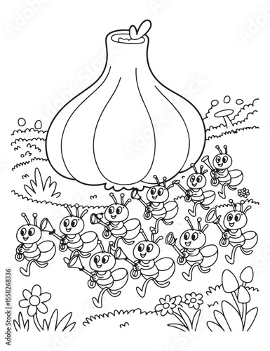Cartoon ants marching with trumpets near a large garlic bulb