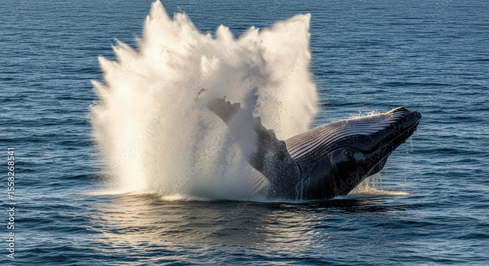 Fototapeta premium Whale breaching from the ocean surface with splashing water.