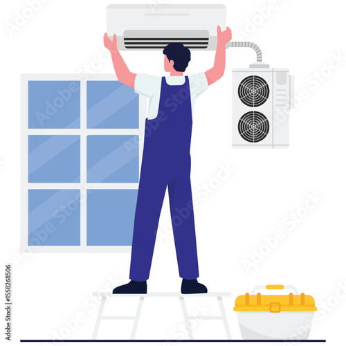 Repair Workers Illustration. Vector illustration of Worker installing a wall-mounted air conditioning unit indoors. Isolated on background