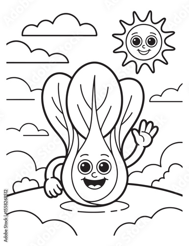 Cartoon bok choy waving with sun and clouds coloring page