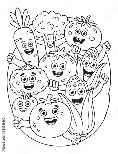 Cartoon vegetables with happy faces in black and white art