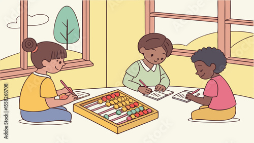 Three children learning with an abacus and writing in notebooks near windows in a brightly lit room space