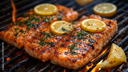 Grilled salmon fillets with lemon slices and dill over barbecue flames