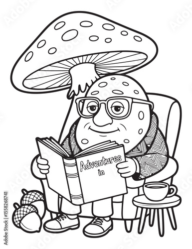 Mushroom character reading a book in an armchair drawing