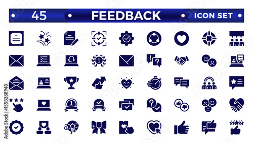 Feedback solid Icon Collection. Solid set contains such Icons as Rating, Testimonials, Quick Response, Satisfaction and more. Simple icon set.
