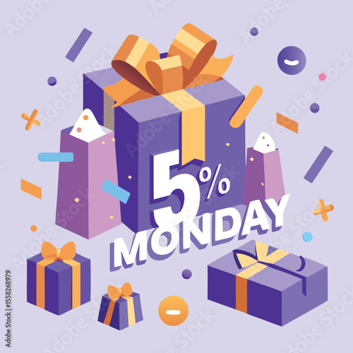 Five percent monday discount offer with gift boxes and confetti illustration