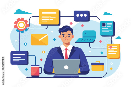 Businessman connecting digital folders while arranging online tasks in a modern workspace for efficient project management and collaboration