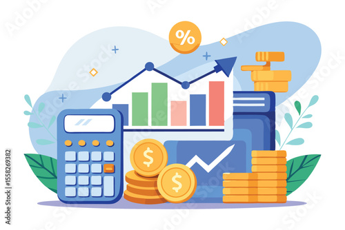 Financial management tools emphasize calculating risks and maximizing investments with charts and calculations in a modern, illustrative design