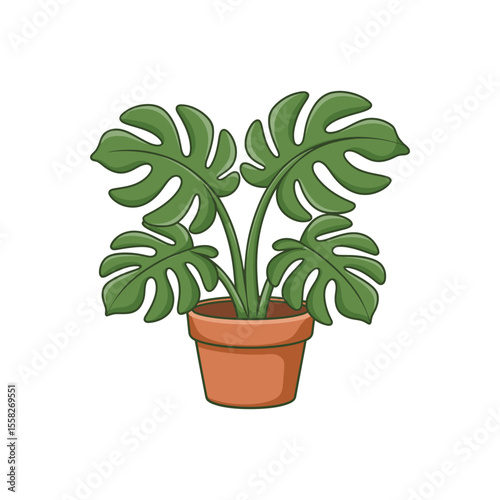 Monstera deliciosa houseplant in a terracotta pot vector illustration. Swiss cheese plant icon for home decor. Indoor gardening, urban jungle, botany, foliage, and nature concept.