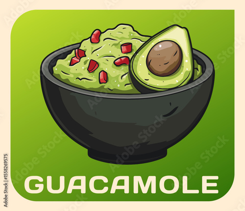 Cartoon Guacamole in a Bowl Vector Icon. Vibrant illustration of a delicious guacamole dip in a black ceramic bowl. The bright green guacamole is garnished with a red tomato pieces