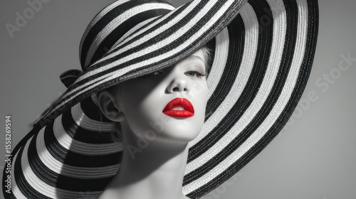 Editorial-style black and white photo of a teen model, oversized sun hat with bold stripes, red lips as a color highlight, dramatic shadows and soft hat detail against a plain gray backdrop