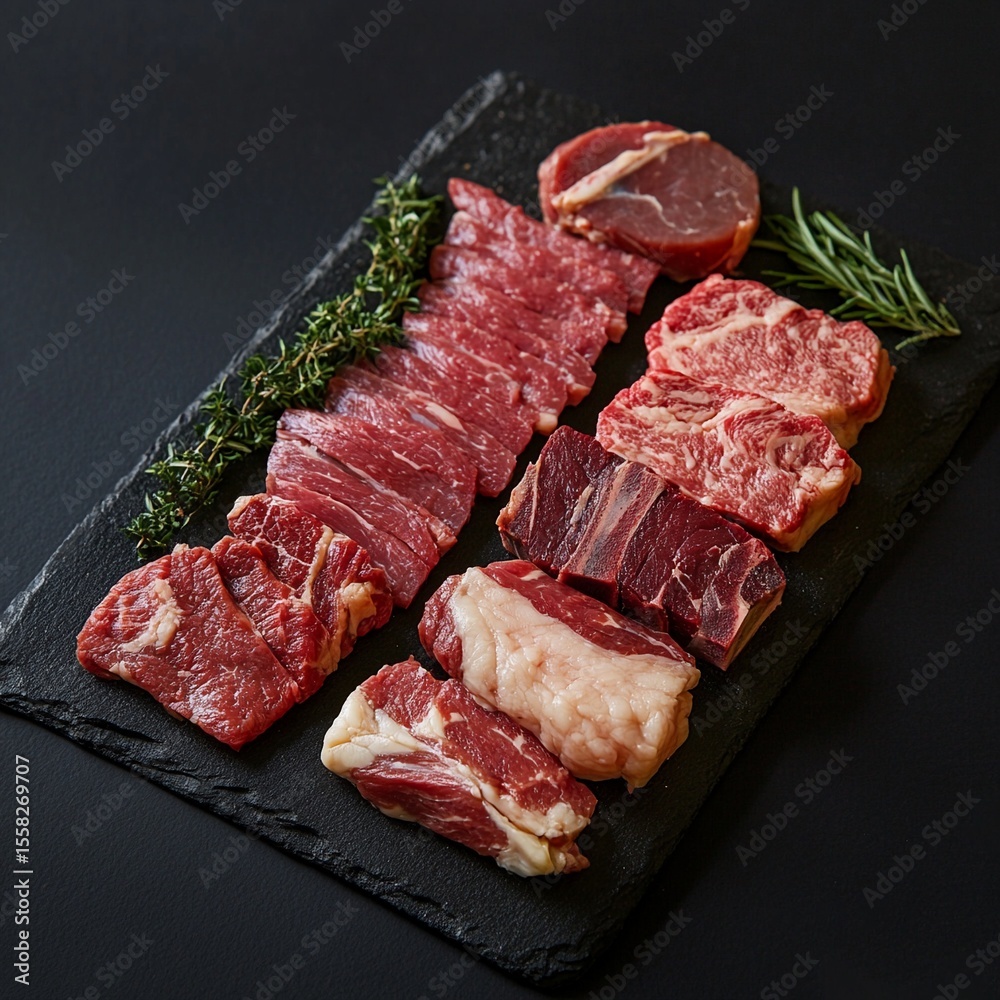 Fototapeta premium Selection of high-quality beef cuts arranged on a black slate platter with fresh herbs