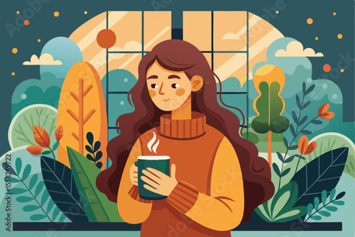 Woman enjoys a warm drink while relaxing in a cozy brown sweater surrounded by colorful plants and a bright window view during a peaceful afternoon