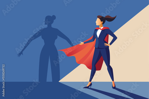Businesswoman confidently stands in a powerful pose, casting a dynamic shadow that resembles a superhero, showcasing strength and leadership in a modern setting