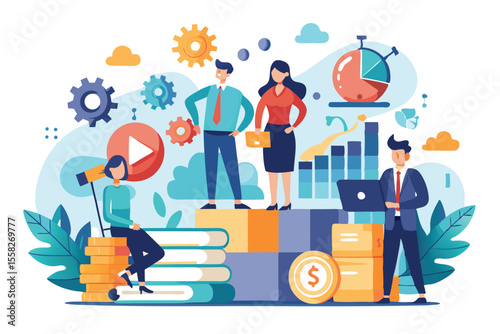 Flat tiny access finance concept illustrates professionals analyzing data and discussing strategies for financial growth in a modern workspace setting