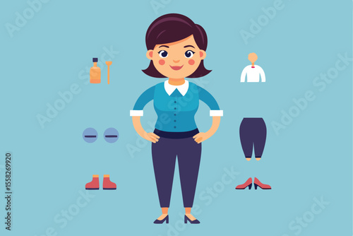 Casual business woman character constructor featuring customizable outfits and accessories for creative projects and graphic design needs