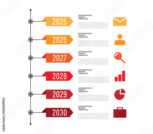 Timeline vertical infographic template. Six positions or processes with icons and years