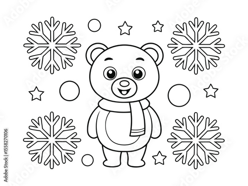 Christmas A4 colouring page. bear and snowflakes
