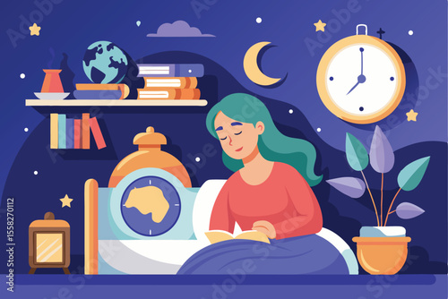 Bedtime routine illustration showing a peaceful sleep schedule with a woman reading before sleep in a cozy bedroom setting
