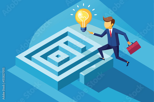 Businessman explores maze while pursuing innovative solutions in a challenging corporate environment during daytime