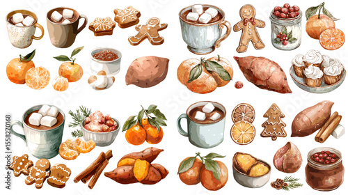 Charming watercolor set of winter treats including hot cocoa, gingerbread, oranges, sweet potatoes, and spices—perfect for seasonal recipes, blogs, and festive menus.


