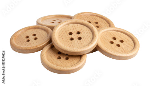 A group of six round wooden buttons with four holes each, arranged in a scattered pile.