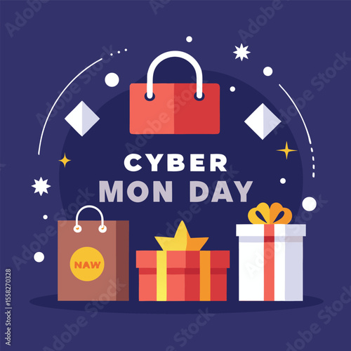 Cyber monday shopping bags and gift boxes with festive decorations and text promoting online sales and discounts for the holiday season