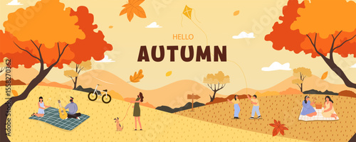 Autumn celebration with families enjoying nature during fall season. Vector illustration