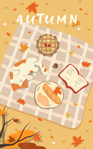 Autumn cozy picnic scene with treats and a cat. Vector illustration