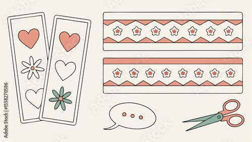 Illustration of two bookmarks with hearts and flowers, patterned ribbons, speech bubble, and scissors on beige