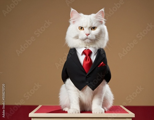 Business Cat: A majestic white longhair cat, elegantly dressed in a black suit and red tie, sits poised and dignified on a small red platform. Ai generated image