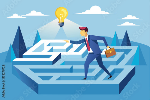 Businessman navigates through a complex maze while seeking innovative solutions under a glowing light bulb in a creative landscape