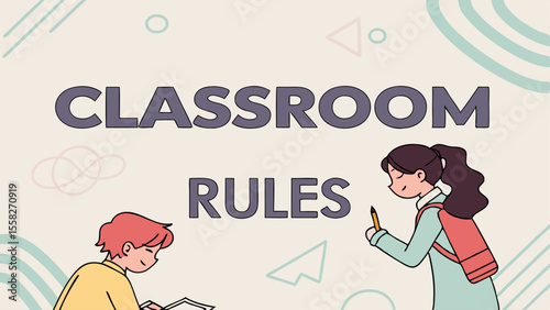 Illustration of classroom rules with two students in a decorated background with geometric shapes and lines