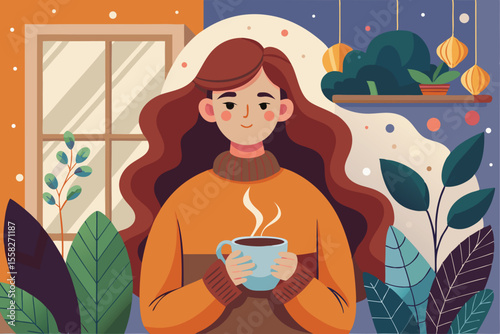 Woman enjoying a hot drink in a cozy brown sweater with plants in a brightly colored room during autumn
