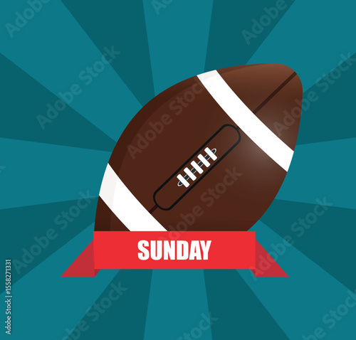 Super Bowl. Sunday Football Vector Banner- American Football Illustration. Vector illustration of an American football with a red ribbon labeled Sunday on a radial blue background.