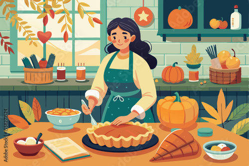Woman prepares pumpkin pie dough in a cozy kitchen while embracing autumn baking traditions with fresh ingredients and seasonal decorations