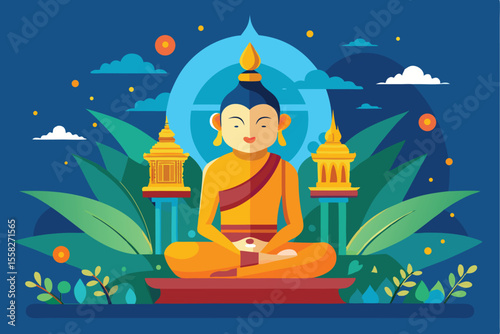 Celebration of Vesak Day with a serene Buddha illustration surrounded by temples and lush greenery at night