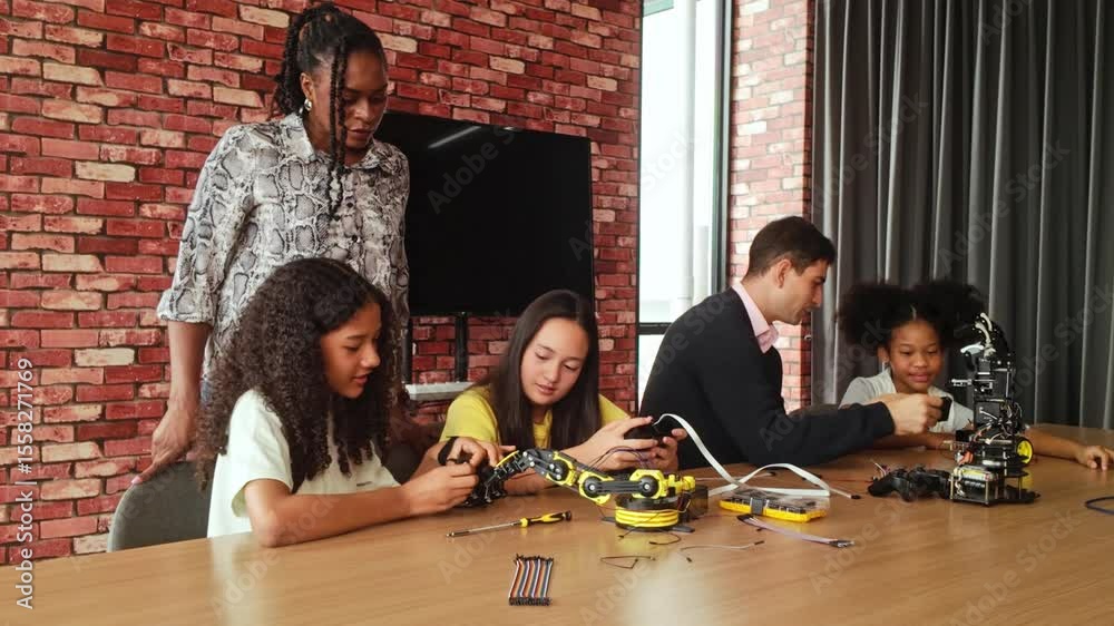 Children engage in hands-on STEM learning with robotics kits and teacher guidance in a coding classroom. Students test, build, and control smart robotic arms in a creative, tech-driven environment.