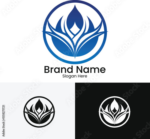 Elegant abstract blue lotus flower logo design with brand name placeholder