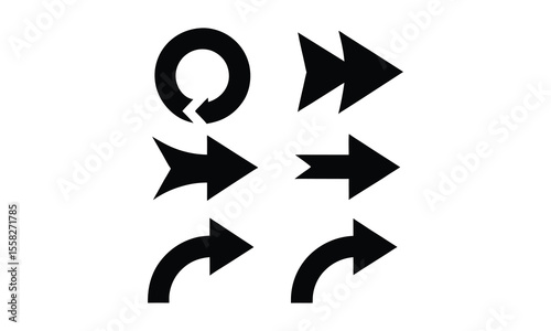 Collection of six distinct black arrow icons on a white background representing direction movement progress and navigation symbols