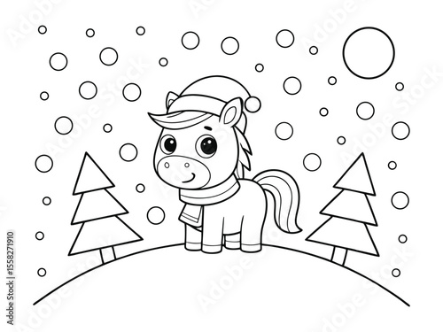 A Christmas-themed coloring picture horse animal. 
