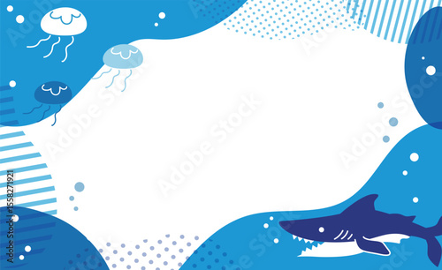 鮫とクラゲの海イラストフレーム素材