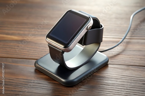 A silver smartwatch with a black band rests on a black wireless charging dock on a wooden table