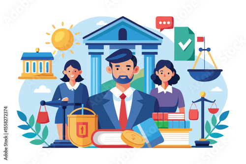 Flat illustrations depicting law and justice concepts with lawyers and legal symbols in a law firm setting during the daytime