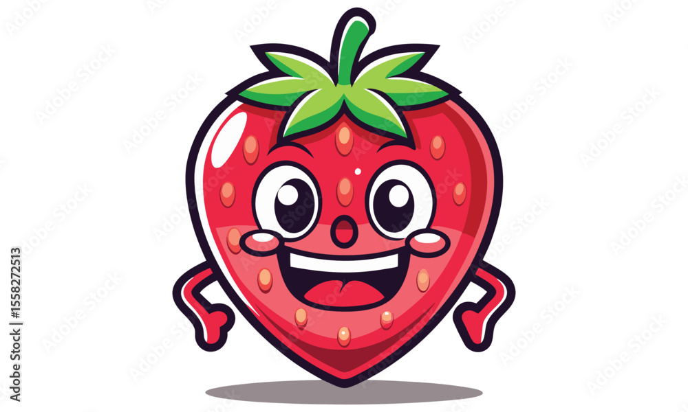 A cheerful cartoon strawberry character with a wide smile and big eyes standing with its arms outstretched representing happiness and health A cheerful cartoon strawberry character with a wide smile and big eyes standing with its arms outstretched representing happiness and health