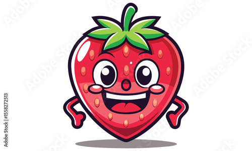 A cheerful cartoon strawberry character with a wide smile and big eyes standing with its arms outstretched representing happiness and health