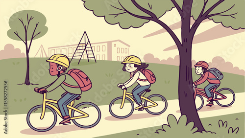 Illustration of three children riding bicycles with helmets and backpacks in a park near a school building