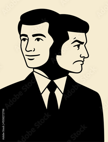 Conceptual illustration of a two-faced colleague. Business metaphor of conflicts at work, hypocrisy, and betrayal. Unhealthy relationships in the office and manipulation by superiors.