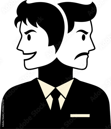 Conceptual illustration of a two-faced colleague. Business metaphor of conflicts at work, hypocrisy, and betrayal. Unhealthy relationships in the office and manipulation by superiors.